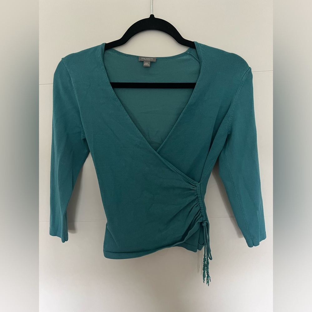 ann taylor wrap top with beading detail stretchy